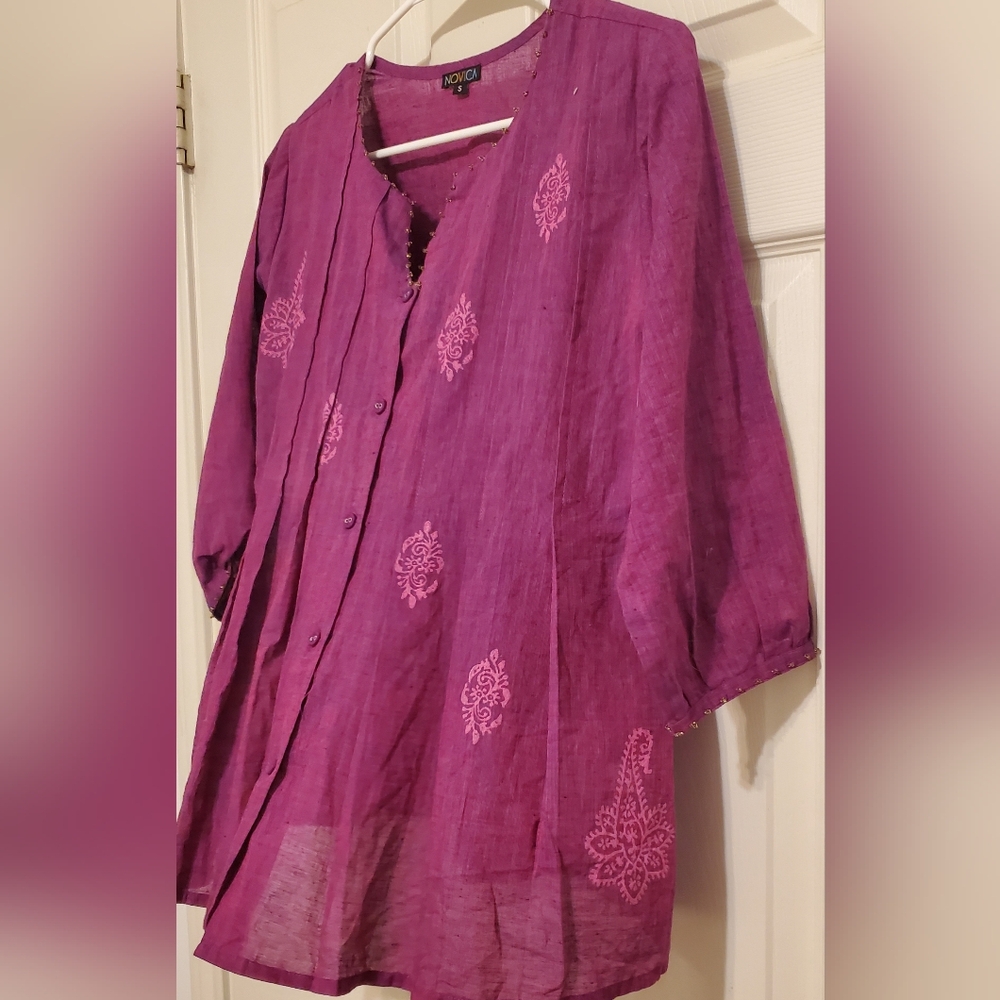 NOVICA Handcrafted Beaded and Block Peint Tunic Blouse 100% cotton